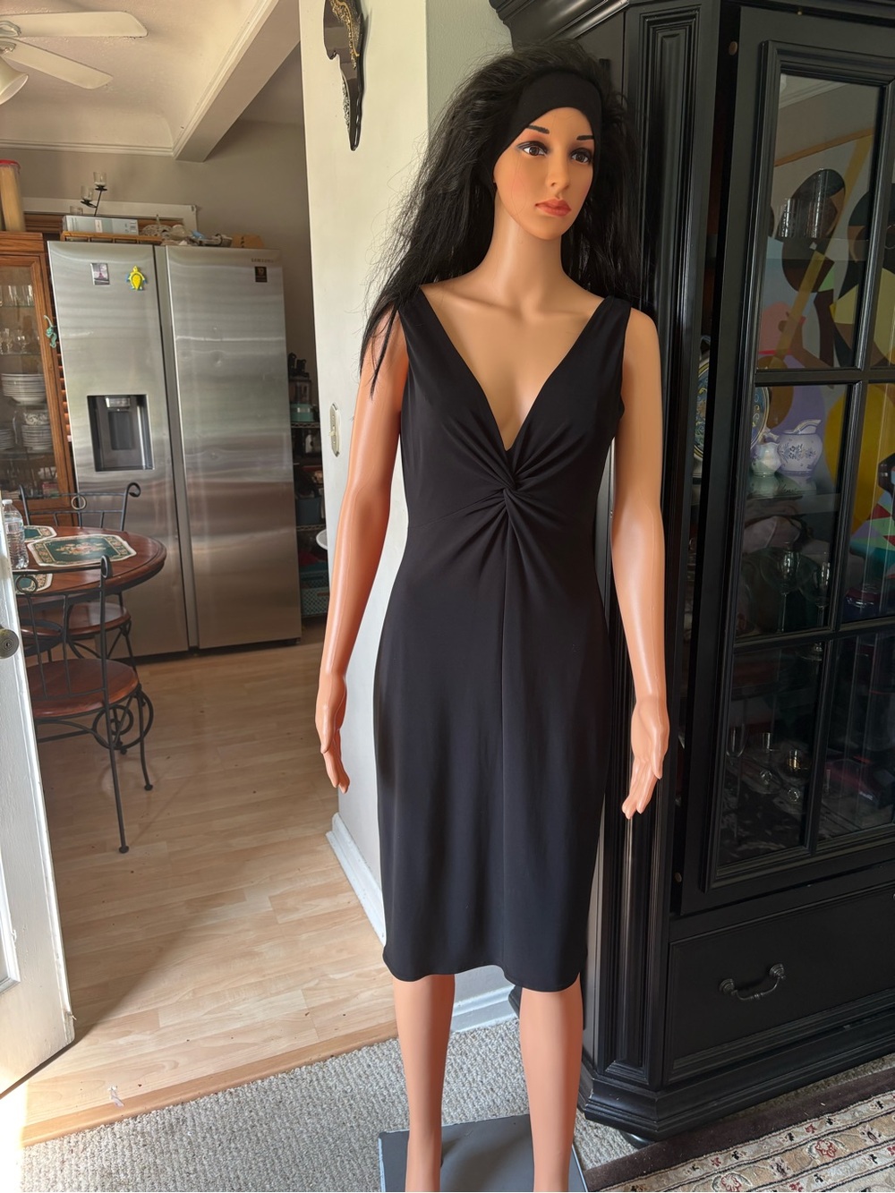 Cache Black Twist-Front V-Neck Sleeveless Midi Dress